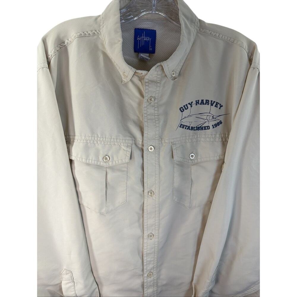Guy Harvey AFTCO Men's Bluewater Button Up Long Sleeve Shirt Tan L Marlin 1986